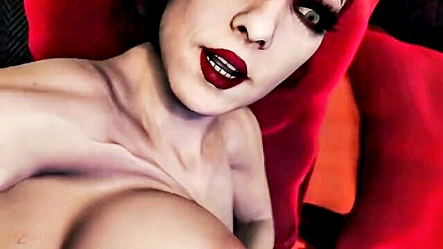 In this animated screenshot, Alcina Dimitrescu, a busty lady, dominates Ethan in a cowgirl position, showcasing her fierce sexual prowess. Free porn.