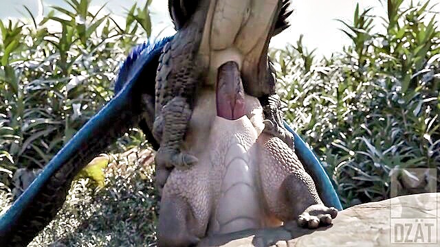 outdoor, cartoon, fantasy character - feral dragon and reptile in erotic outdoor encounter with sound