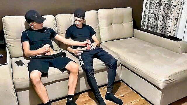 gay for pay lad jerks off with queer friend in sportswear and gets deepthroated : We