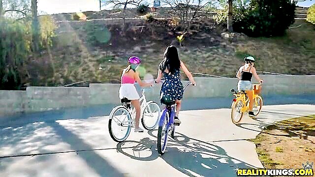 AN - naked lesbian girls have wild fun on dildo tricycle