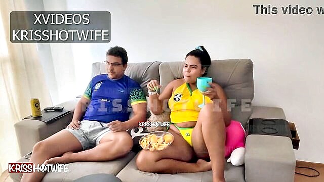 Brazilian couple engages in erotic video, featuring wife\'s assets and fetish play.