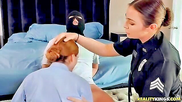Blair and Scarlet tease with police threesome, legs on shoulders, and hot Xxx action.