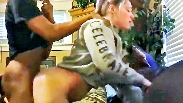 alone teen gets surprised by interracial doggy style : Doggy