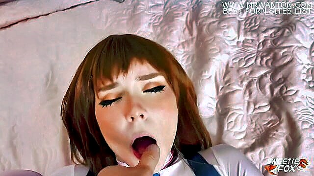 Redhead teen Ochako engages in intense and sensual cosplay sex with a well-endowed partner, showcasing her skills in various positions.