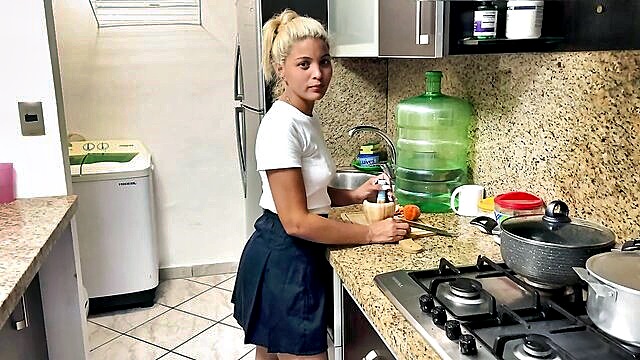 Mexican teen girl tricks her stepdad into a cooking deal, leading to steamy amateur action with him.
