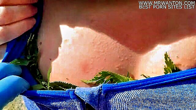 bdsm, flashing, big tits - nettles on boobs outdoor humiliation and punishment