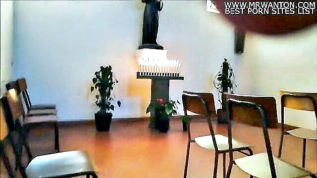 Busty Italian woman in lingerie dominates and humiliates a priest in church, pushing him to his knees in an explicit display.