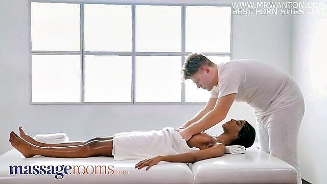 Sensual massage leads to passionate sex with a sexy ebony babe in massage rooms. Kissing, oral, and intimate contact in HD.