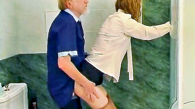 bathroom, toilet, young old - steamy encounter between mature and youthful partners in the restroom