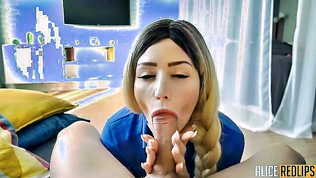 Alice - blonde bombshell with red lips gives a pov handjob