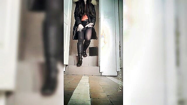 white woman in black footwear and hosiery urinates in restroom : Voyeur Bank