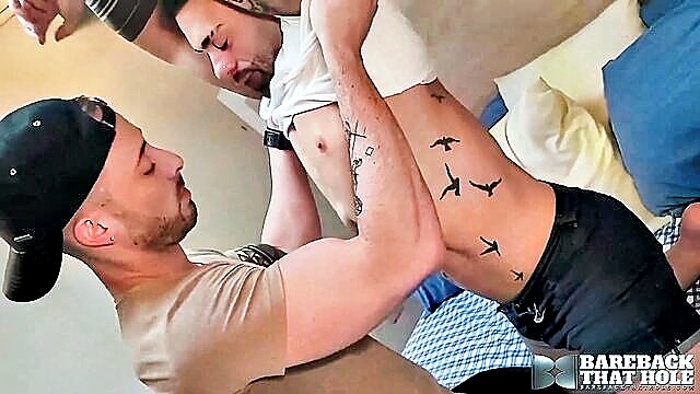 hardcore, bareback, tattoo - latin gay threesome