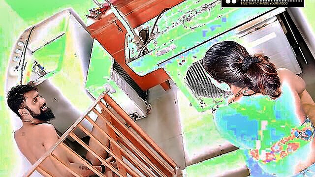 Seductive Desi bhabhi entices appliance repairman in a staircase, leading to intense HD action.