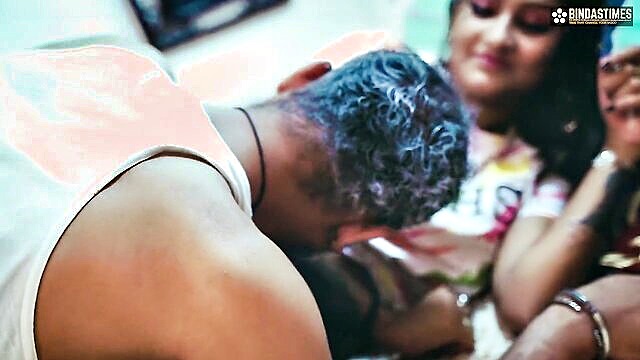In this tantalizing image, an innocent-looking Indian maid encounters an unexpected intimate moment with her employer\'s young servant, leading to a steamy encounter filled with passion and desire.