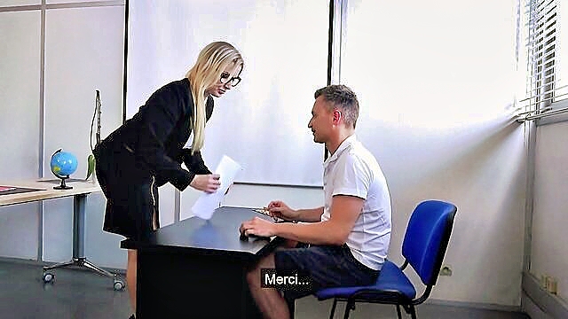 Blonde teen Lyall learns intense sex lessons from her experienced teacher, leading to a steamy session with ample breast exposure and oral skills.