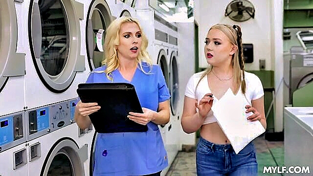 Christine Stevens - sensual threesome with blonde milf and teen at laundromat Lau