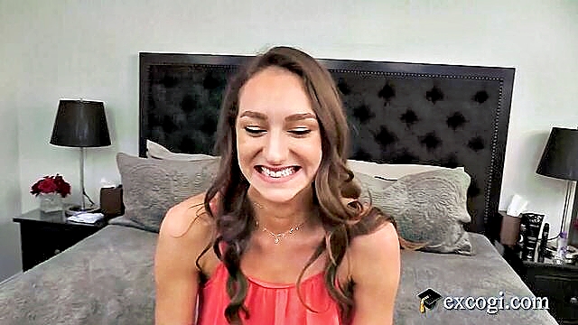 Adorable 23-year-old Andi Rose enjoys a steamy threesome with two muscular men, skillfully pleasuring them with her natural breasts.