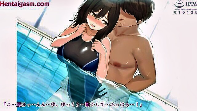 Hentai clip of bikini-clad vixens engaging in erotic acts including oral, doggy style, and missionary positions, leading to a cumshot finale.