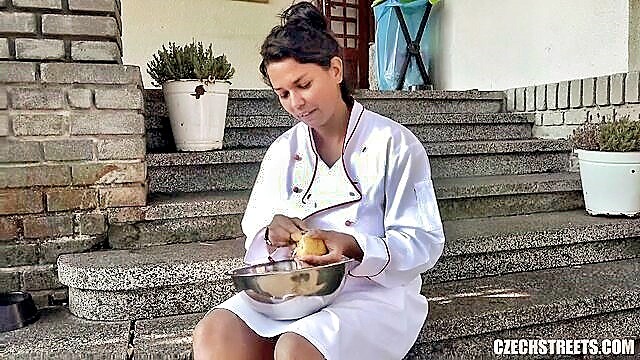 Sensual chef in uniform seduces customer with big tits and ass in HD video.