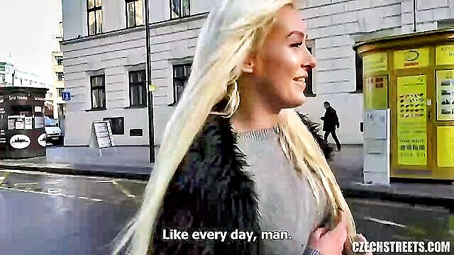 Amateur blonde indulges in a steamy street encounter in the Czech Republic, expertly pleasuring her partner in a public display of passion. Free sex videos ahead.