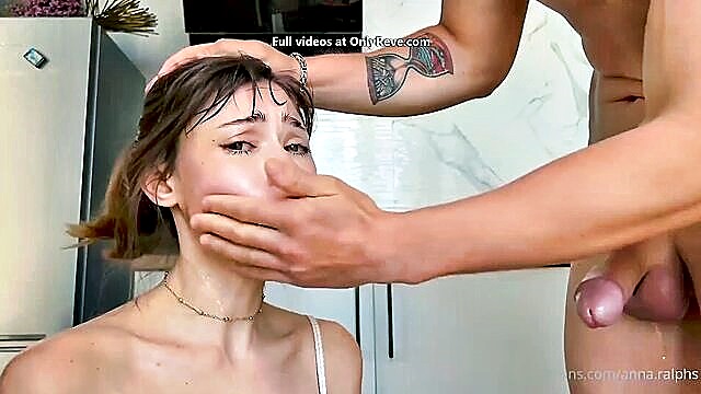 deep throat, cumshot, blowjob - young girl gives a deep throat blowjob