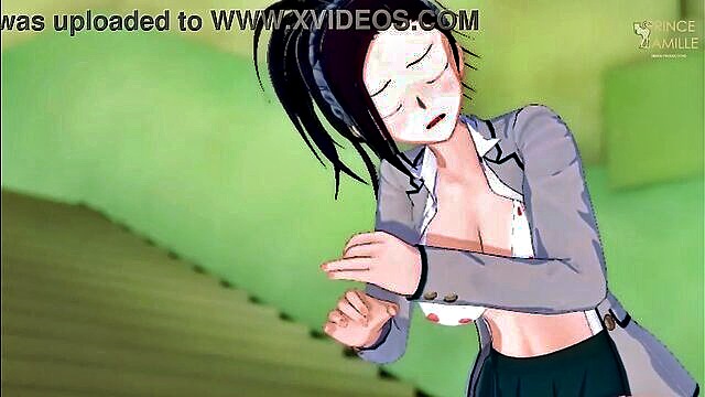 Busty anime babe gives a sensual handjob instruction in this erotic video from My Hero Academia.